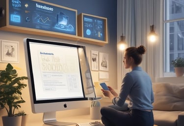 A designer working on digital ads for home remodeling services on a laptop.