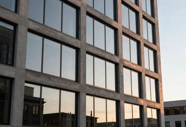 A clean, modern building facade in a Georgia business district during golden hour. The reflection in the windows shows a pale frost white sky.