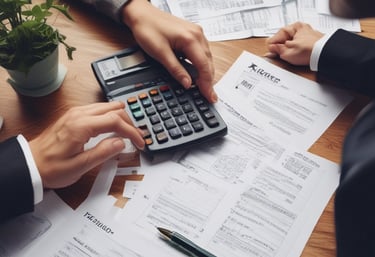 Elegant office workspace with a laptop and business documents on a wooden desk.