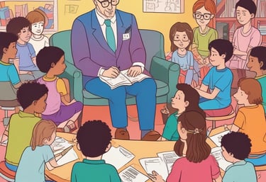 A caring school counselor talking with students in a cozy office.