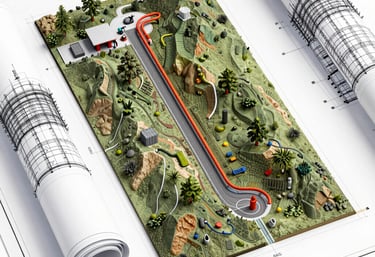 Engineers reviewing detailed surface design plans at an oilfield site.