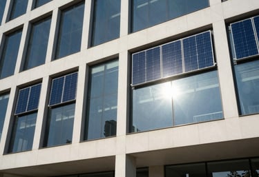 A modern, eco-friendly South Asian / Indian office building with glass windows reflecting a bright sun, integrated solar features, deep blue and soft off-white.