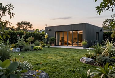A lush green garden with a modern eco-house in the background, soft evening light, sustainable living concept, Central European architecture.