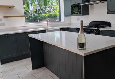 Clean modern kitchen with a bottle of champagne on the counter top
