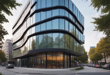 An artistic AI-generated image of a futuristic architectural project at sunset.