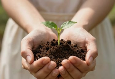 Close-up photography of a woman's hands gently cupping a handful of dark, fertile soil with a small green sprout emerging, soft sunlight filtering through leaves, warm brown and light cream tones.