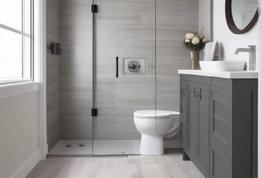 Before and after images of a stunning bathroom remodel featuring stone panel shower surrounds.