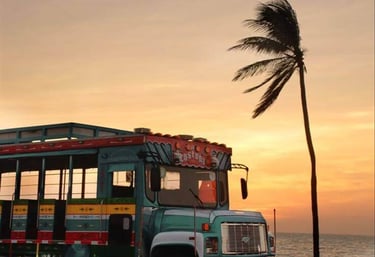 A colorful open-air Chiva bus drives along a coastal road at sunset with a palm tree.