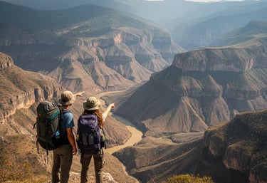 Two hikers with backpacks overlook a deep mountain canyon and river during a scenic trekking adventure.