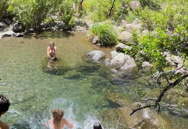 Friends jumping into a clear tropical swimming hole surrounded by lush green forest and rocks.