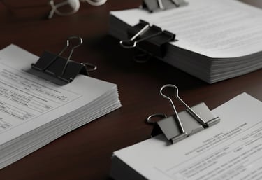three stacks of government looking papers on a dark desk