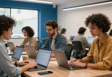 A bright and airy co-working space in Brazil with several professionals working on laptops, showing a vibrant but focused business culture, medium blue color accents.