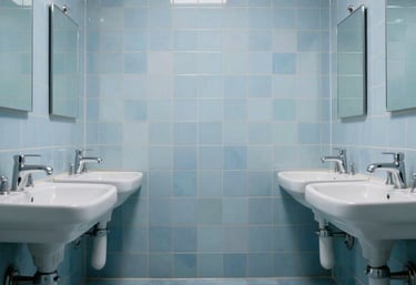A wide view of a clean and minimalist bathroom with light blue tiles and polished chrome fixtures, Middle Eastern / Turkish interior design style.