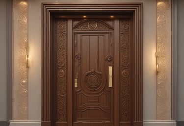 A warm, modern interior featuring a beautifully crafted wooden door framed by subtle lighting and elegant wood tones.