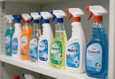 A row of high-quality, professional-grade cleaning supplies neatly organized on a clean white shelf in a well-lit North American laundry room.