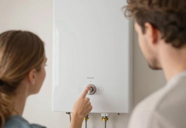 A professional assessor reviewing a home's energy meter with a tablet in hand.
