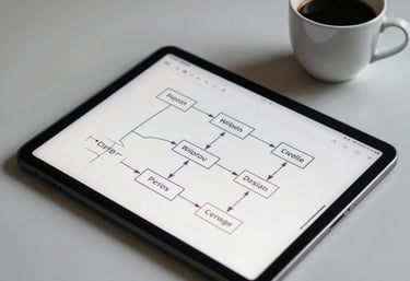 A clean, minimalist desk with a digital tablet showing a flow chart and a cup of coffee. High contrast photography with soft shadows.