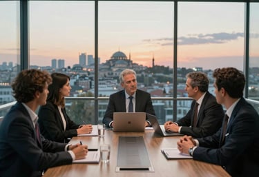 A professional team meeting in a modern glass conference room in Istanbul, Turkey, discussing digital strategy, overlooking the city skyline at sunset.