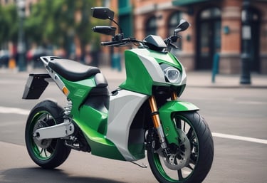 A happy customer receiving keys to their new electric scooter with a bright city background.