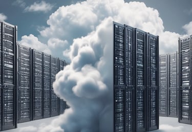 A sleek neon-lit server room glowing in dark blue and cyan hues, reflecting a cyberpunk aesthetic.