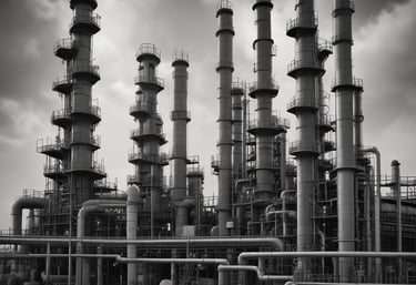 Black and white industrial landscape showing tall oil refinery distillation towers and complex pipelines.