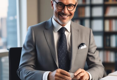 A confident advisor discussing investment strategies with clients in a modern office.