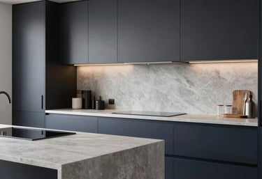 A modern, minimalist kitchen renovation with sleek cabinetry in dark navy and light gray stone countertops, luxury Dutch residence.