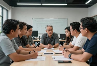 A group of Southeast Asian community leaders gathered around a table in a modern workshop, discussing projects with a sense of unity and purpose.