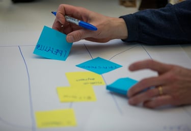 Personne qui schématise les process d'une entreprise avec des post-it