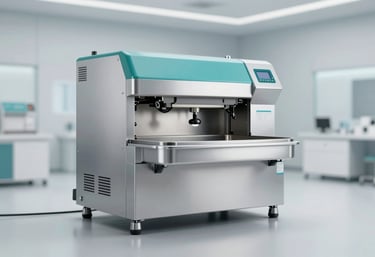 A modern industrial dry-cleaning machine in a professional setting, featuring clean lines and a sophisticated silver finish with #3B607D accents. Professional lighting.