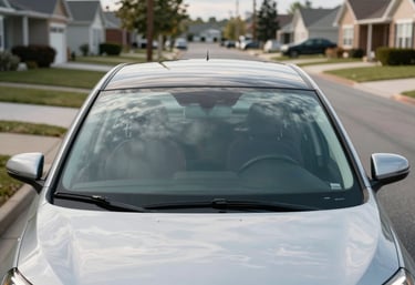 Wide shot of a modern car on a residential street with a perfectly replaced, sparkling clean windshield reflecting the sky. North American suburban environment.
