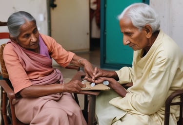 A serene garden where elderly residents sit peacefully, sharing smiles under soft teal skies.