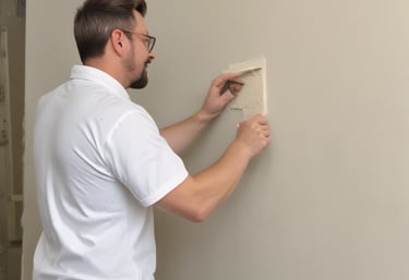 A professional painter in a navy uniform carefully rolling paint on a bright living room wall.
