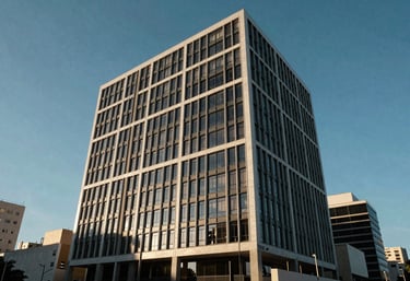 The exterior of a modern professional building in the center of São Bernardo do Campo, South American / Brazilian city environment, clear blue sky.