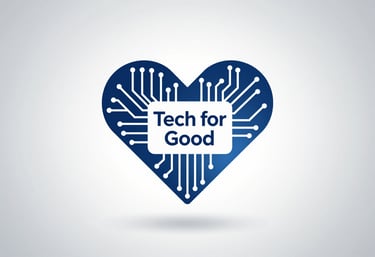 A heart icon stylistically integrated into a clean digital circuit board pattern, symbolizing 'Tech for Good', using #0D2E3A and #C0D6DB.