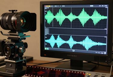 A photograph showing a film strip alongside a digital waveform monitor. Blending the history of cinema with modern technical excellence. Warm lighting.