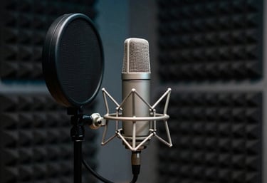 A dark, professional sound booth with acoustic treatment and a high-end microphone. South American studio setting. Cool teal lighting.