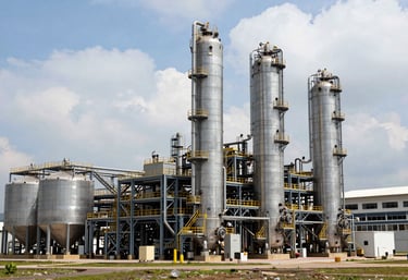 Large scale modern biofuel refinery plant in Colombia, industrial silos and clean infrastructure under a bright sky, emphasizing innovation and sustainability.