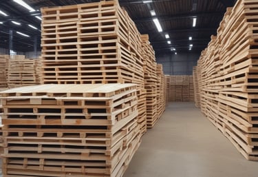 Workers assembling wooden pallets with care in a bright factory setting.