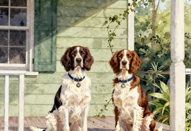 Watercolor-style illustration of a New Orleans double shotgun house with two Boykin Spaniels sitting on the porch.