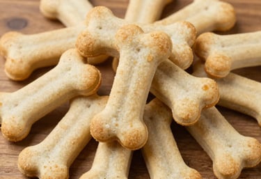 Close-up photo of freshly baked, limited-ingredient dog treats arranged on rustic wooden board with warm orange and moss green accents.