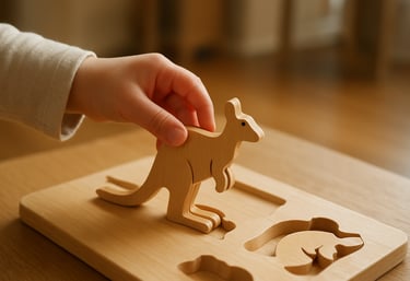Close-up of a child's hand placing a wooden puzzle piece of a kangaroo into a board. Natural lighting in a professional Australian home.