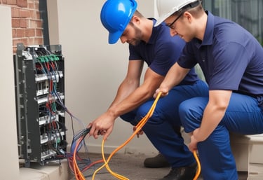 Technician installing fiber optic cables in a modern office building.