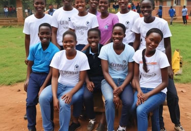 Farmers working together in a lush green field practicing climate-smart agriculture under a bright sky.