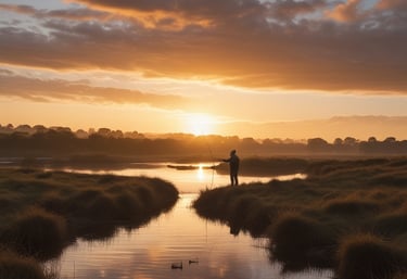 A serene morning scene of an angler casting a fly rod into the calm River Tees with lush green banks.