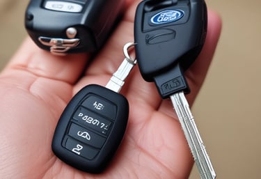 A set of freshly cut car keys next to a vehicle steering wheel.