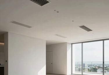 Clean, wide-angle interior of a modern Miami living space with invisible, integrated ceiling vents and a high-tech minimalist feel.