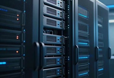 A futuristic server room with soft blue lighting representing advanced technology and digital infrastructure, professional photography.
