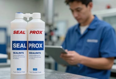 Close-up of hands applying silicone sealant to a window frame on a sunny construction site.