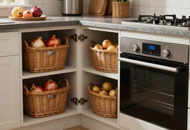 A comprehensive U-shaped kitchen layout with smart storage accessories, wicker baskets for onions/potatoes, and a built-in oven.